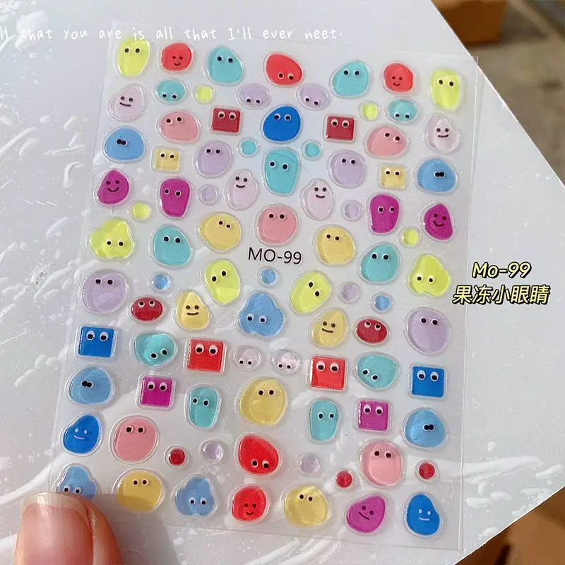 1pcs 5D Trick Jelly Bean Nail Art Sticker Cartoon Funny Jelly Embossed Nail Stickers Kawaii Little Monster Nail DIY Sliders