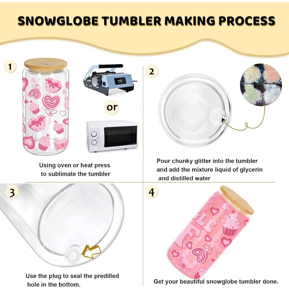 توصيل مجاني - كوب سنو غلوب سعة 16 أونصة، 8 عبوات من أكواب زجاجية التسامي المفرومة مسبقًا لتقوم بها بنفسك كرة الثلج اللامعة، جدار مزدوج