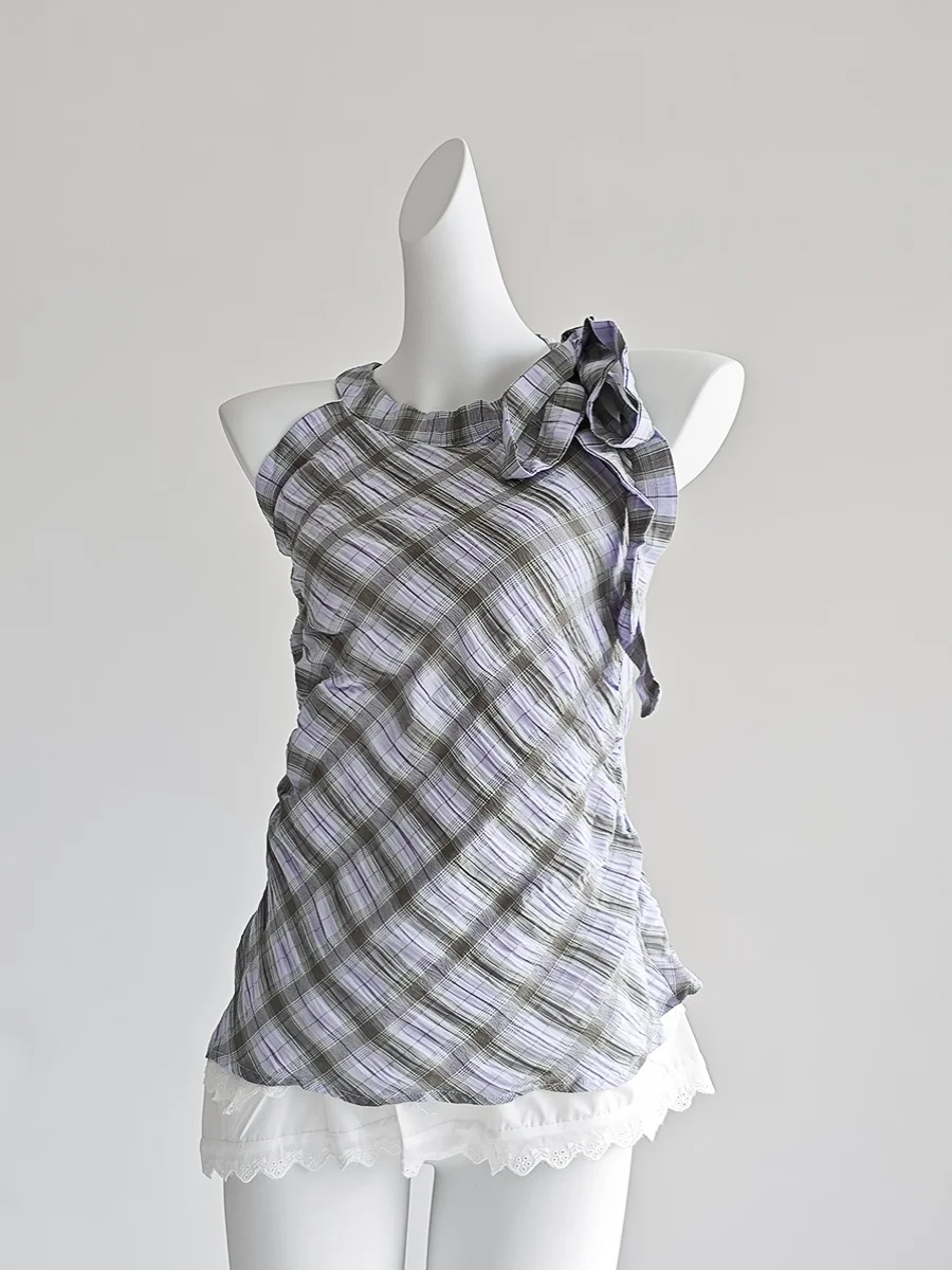 

Sweet Girl Bow Lace-up Plaid Sleeveless Camisole Vests Women's Summer Fake Two-piece Lace Splicing Suspender Tops Female Clothes