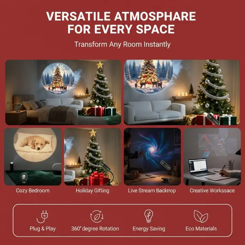 USB Christmas Projector Light 360° Rotatable 6/16 Patterns Santa Snowman Tree Xmas Decor for Birthday Party
