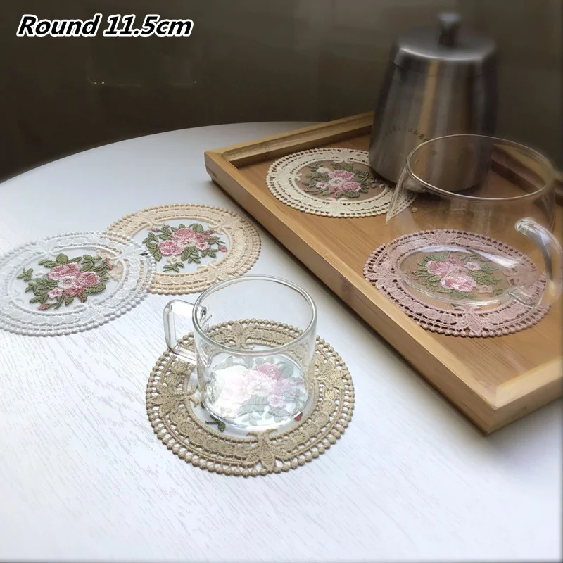 Chinese Style Round Lace Embroidered Flower Table Mat Pallet Coaster Coffee Cup Wine Glass Bar Banquet Party Weding Decoration