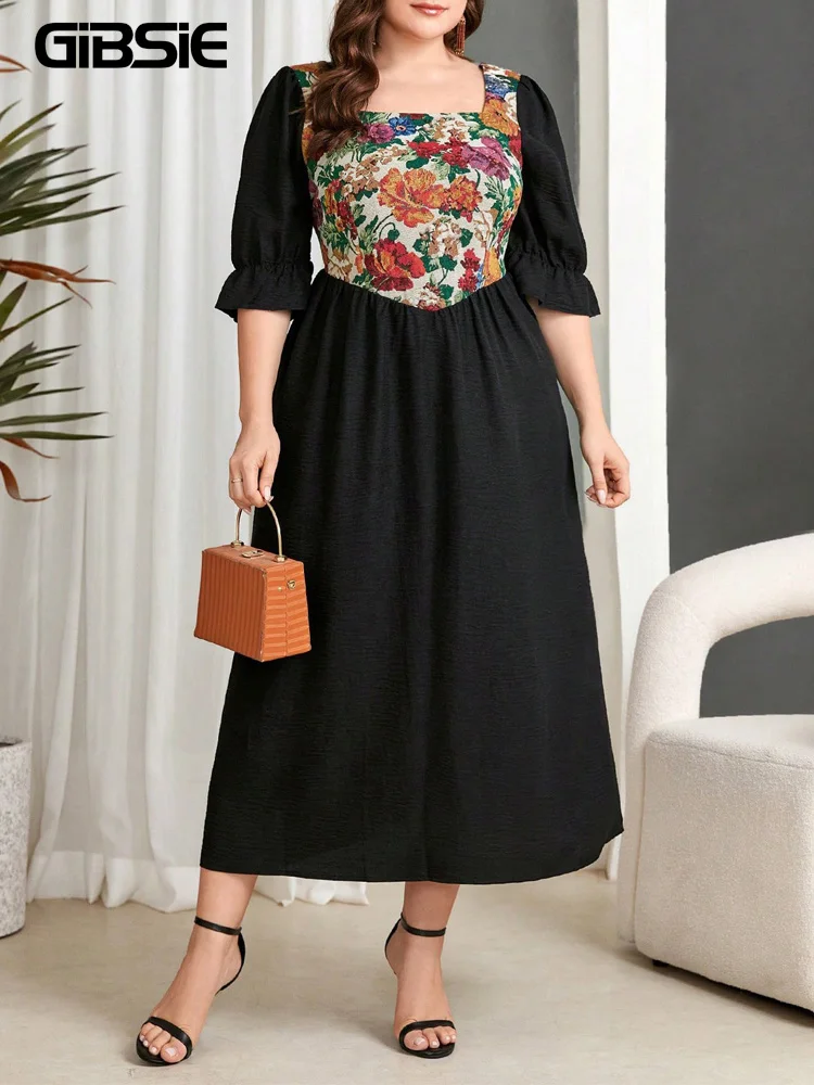 

GIBSIE Plus Size Vintage Square Neck Floral Print Long Dress Women Summer Elegant High Waist 3/4 Sleeve Female A-Line Dresses