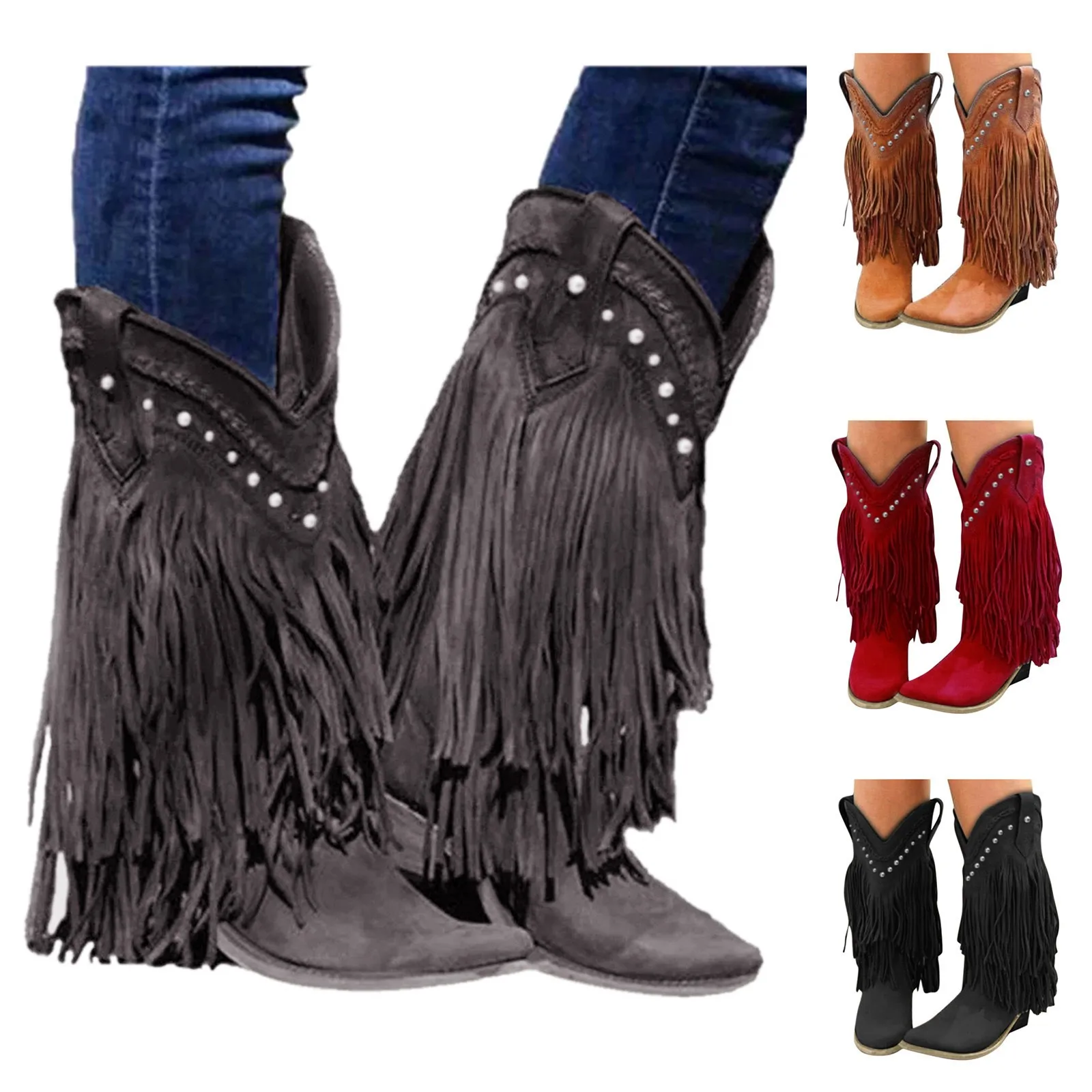 2024 Retro Rivet Tassels Long Boots Fringe Western Cowboy Boots Women Vintage Woman Chunky Heels Casual Boot Slip On Femal Shoes