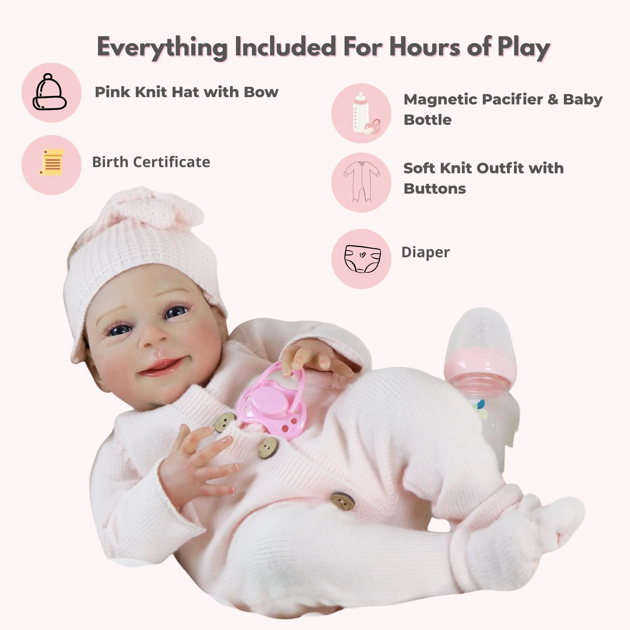 ALDYOK Lily Mae Reborn Baby Doll – Cuerpo de tela ponderada realista de 18" con pelo pintado a mano y extremidades de vinilo suave, chupete magnético