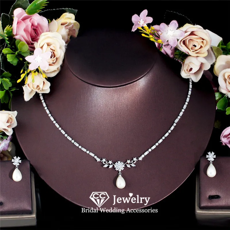 CC Trendy Jewelry Set Wedding Events Women Accessories Bridal Bijoux Engagement Necklace Stud Earrings 2 PCS Sets Party T0290