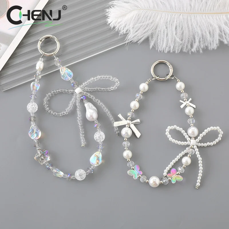 Butterfly Pearl Bow Beaded Mobile Phone Chain Anti-Lost Phone Lanyard Butterfly Knot Wrist Band Keychain Pendant