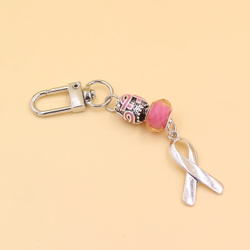 New Arrival Cancer Keychains White Black Blue Green Purple Pink Ribbon Breast Cancer Awareness Keyring Handbag Key Holder Charm