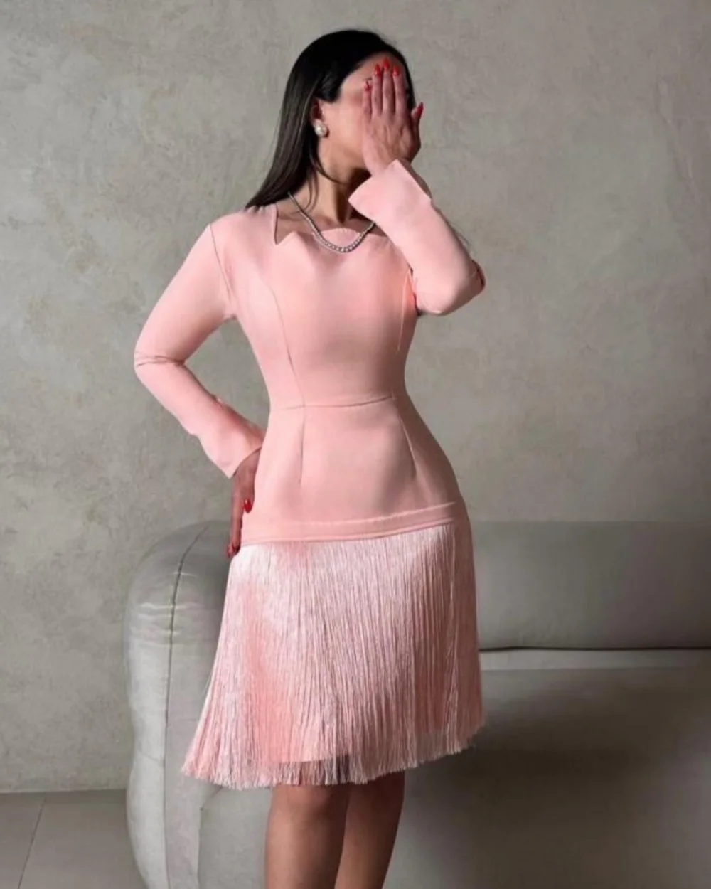 Customized Simple Women Jersey Tassel Ruched A-Line Evening Dress Formal Square Neck Long Sleeves Knee Length Dresses Party Gown