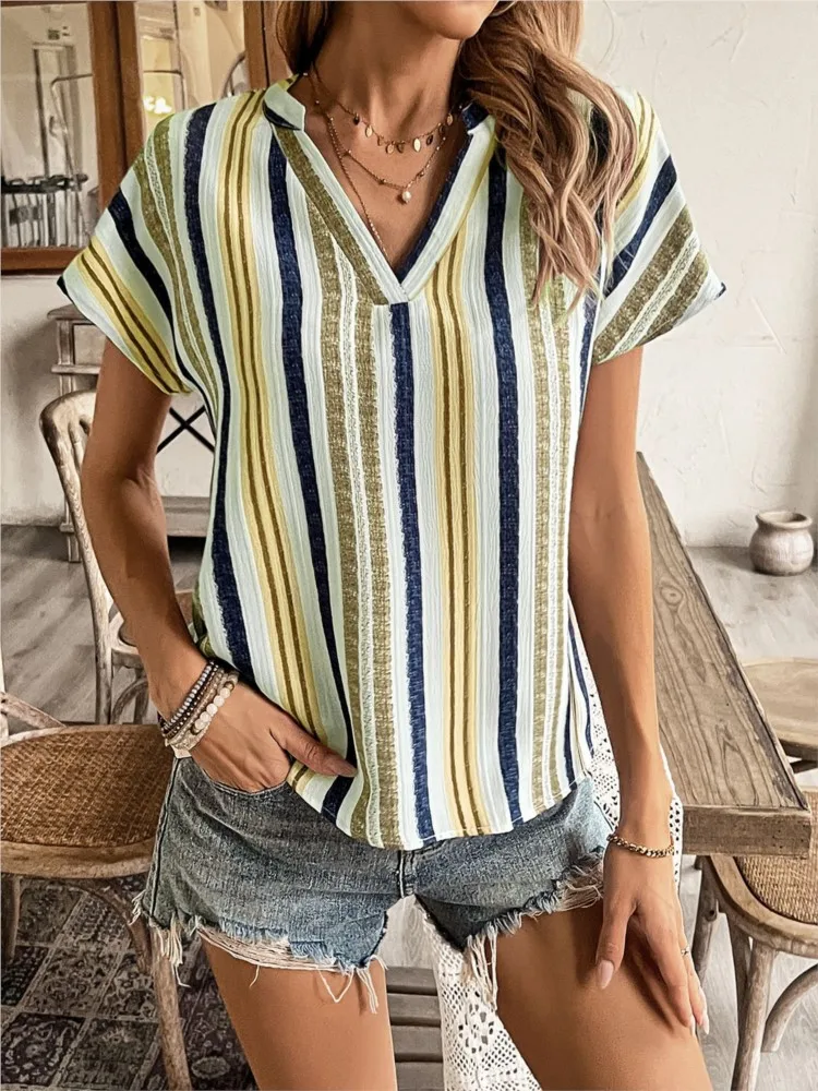 Лето 2022, новые модные свободные блузки в полоску с принтом, топы, женские повседневные топы с v-образным вырезом и короткими рукавами, офисная женская рубашка, топ