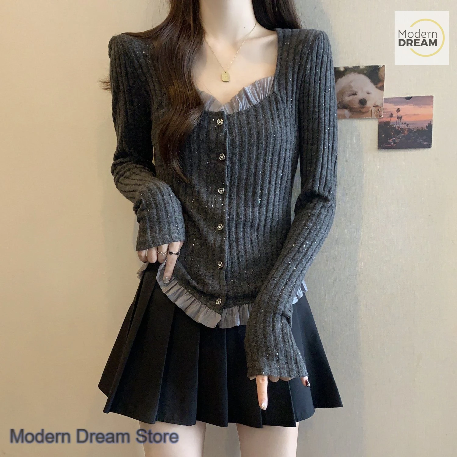 French wood ear collar shoulder bright silk sweater women's autumn and winter new plus size high-grade lace bottoming shirt top