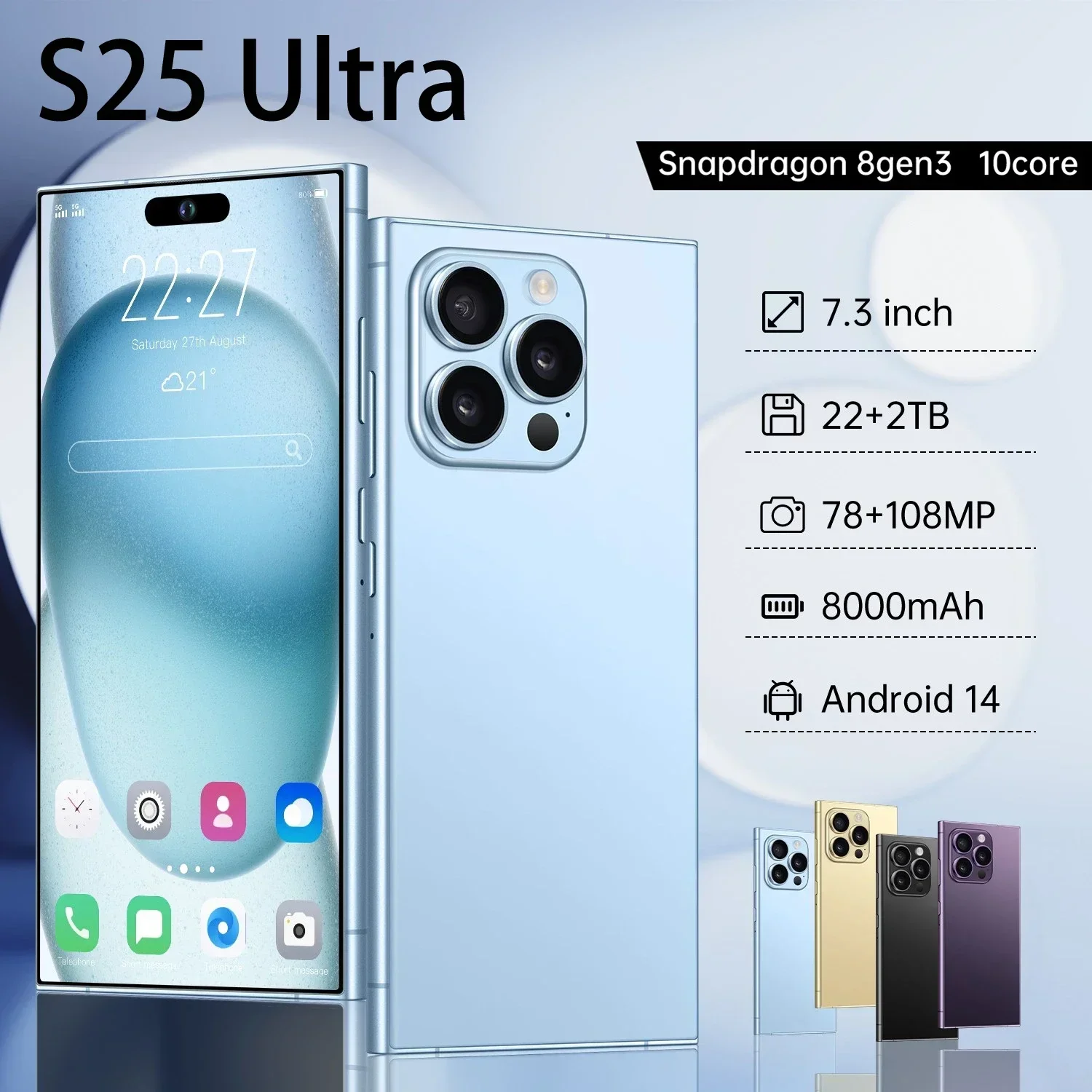 S25 Ultra Original Android 14 Unlocked SmartPhone 7.3 Inch Snapdragon 8 Gen 3 Mobile Phones Camera 5G Dual Sim 22GB+2TB Celular