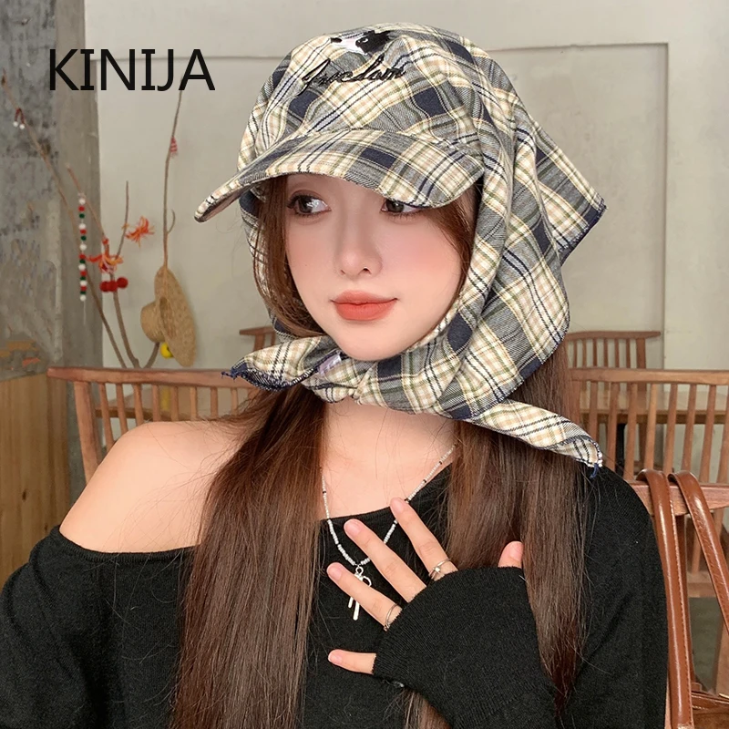 Koreanische Trendige Karierte Kopftuch-Baseballkappe für Damen, Retro-Sonnenschutz, Atmungsaktiv, Frühling Sommer Hip-Hop Sonnenhut