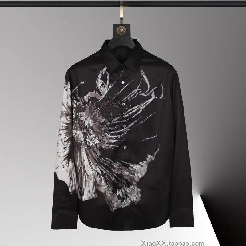 New men's long sleeved shirt with flower pattern  printing design, men's lapel button high-definition casual top