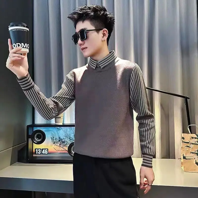 Men's Fake Two Piece Striped Knit Polo Sweater Autumn Winter Long Sleeve Collar Pullover Casual Warm Tops