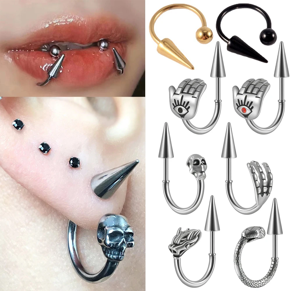 1PC Surgical Steel Earring Spike Lip Ring Skull Cool Punk Devil Horseshoe Unisex Ear Lobe Body Piercing Jewelry