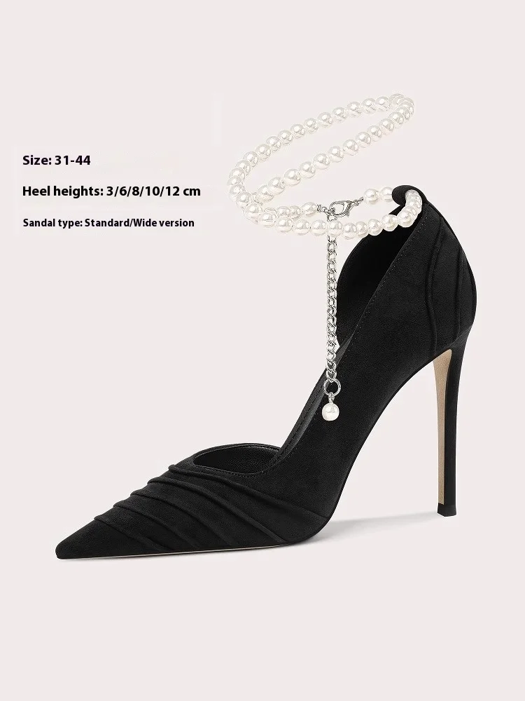 

Spring pointed suede pleated pearl waterproof platform single shoes thin high heel banquet large size small size women's sandals