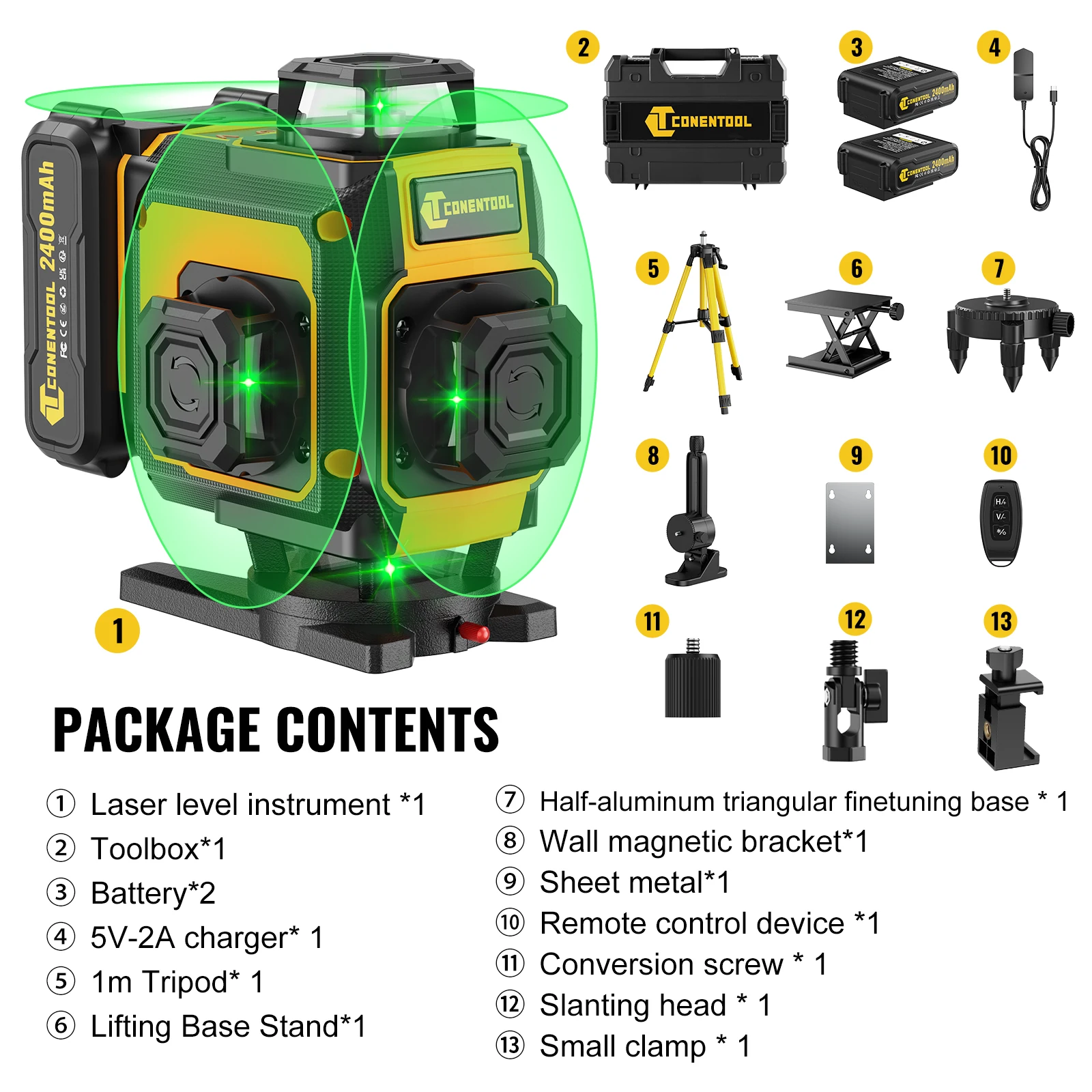 CONENTOOL 16 Lines Green Beam Laser Level 4D Self Leveling 360° Cross Line Laser Level W/ Tripod Measuring Tool for Outdoor Use image 3
