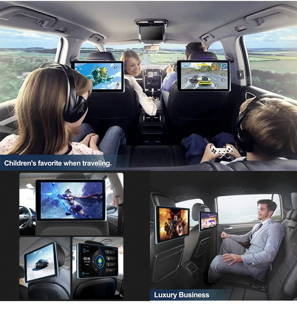 10.1 Inch HD 1280*720 Android Car Headrest Monitor Back Seat Multimedia Apple Carplay Ambient Lights BT SD HDMI-Input