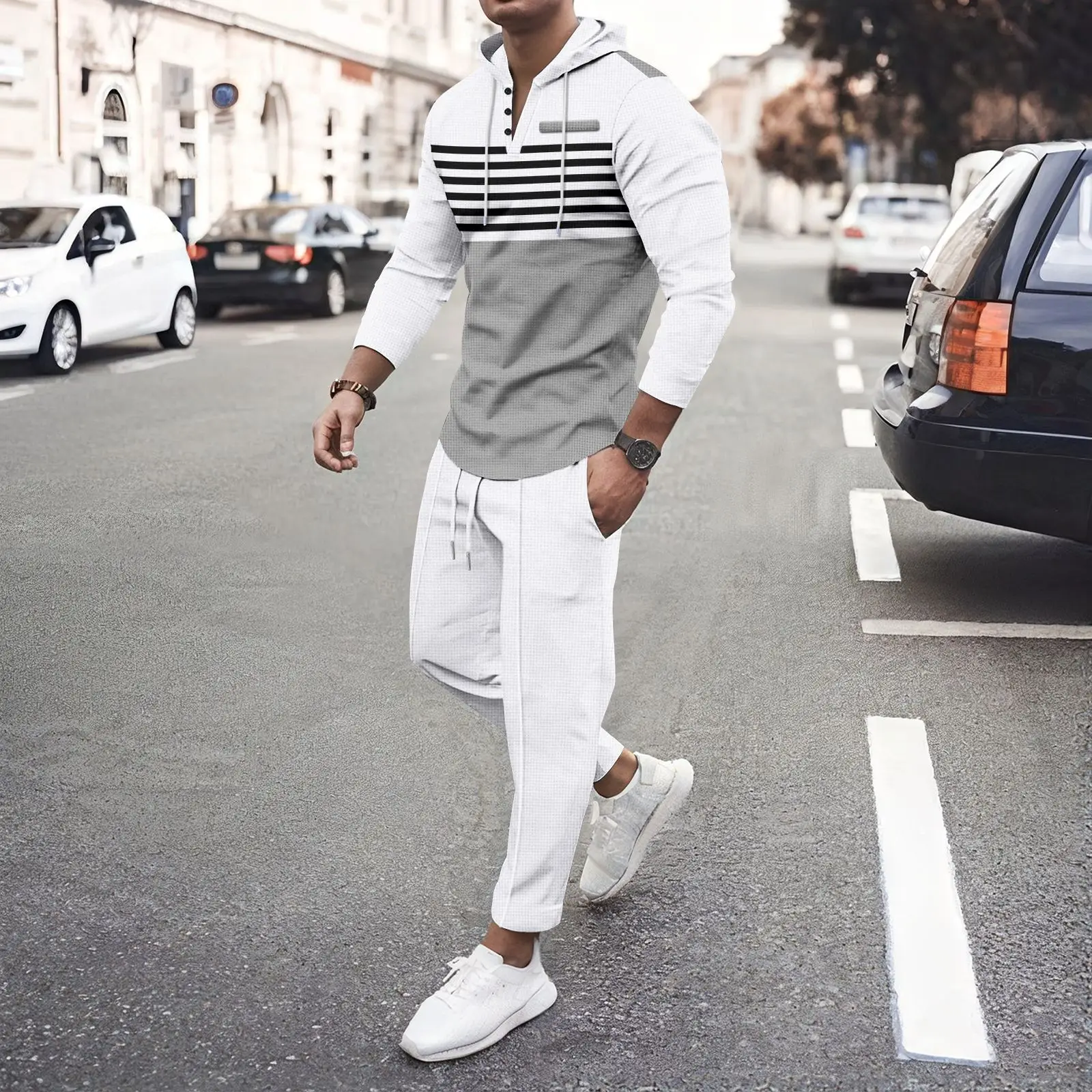 

2025 New Mens Casual Waffle Knit Hooded Stripe Sweatshirt Pants Set Outdoor Streetwear Loungewear 2 Piece Outfit