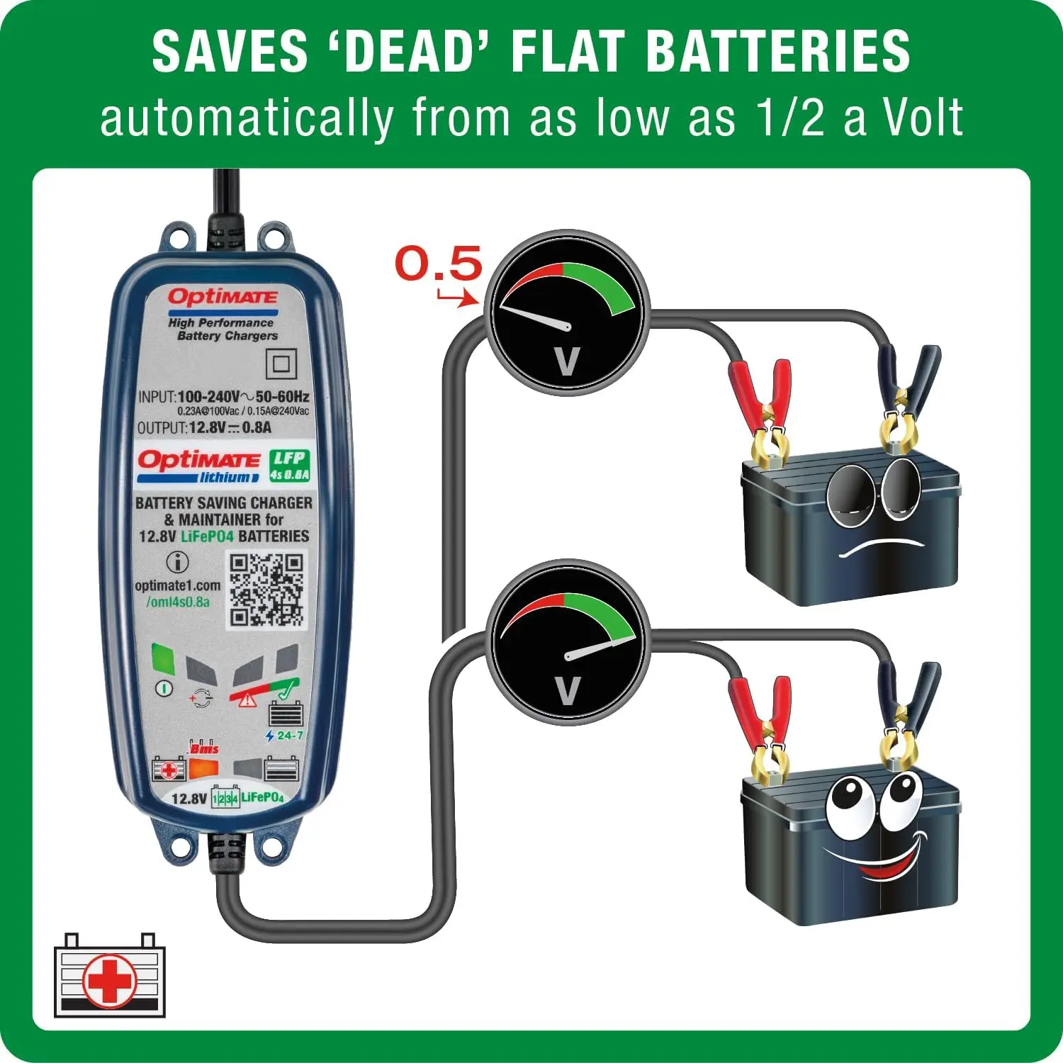 4s 0.8A Lithium Battery Charger & Maintainer, 12.8V with BMS Wake-Up Mode for Extended Life