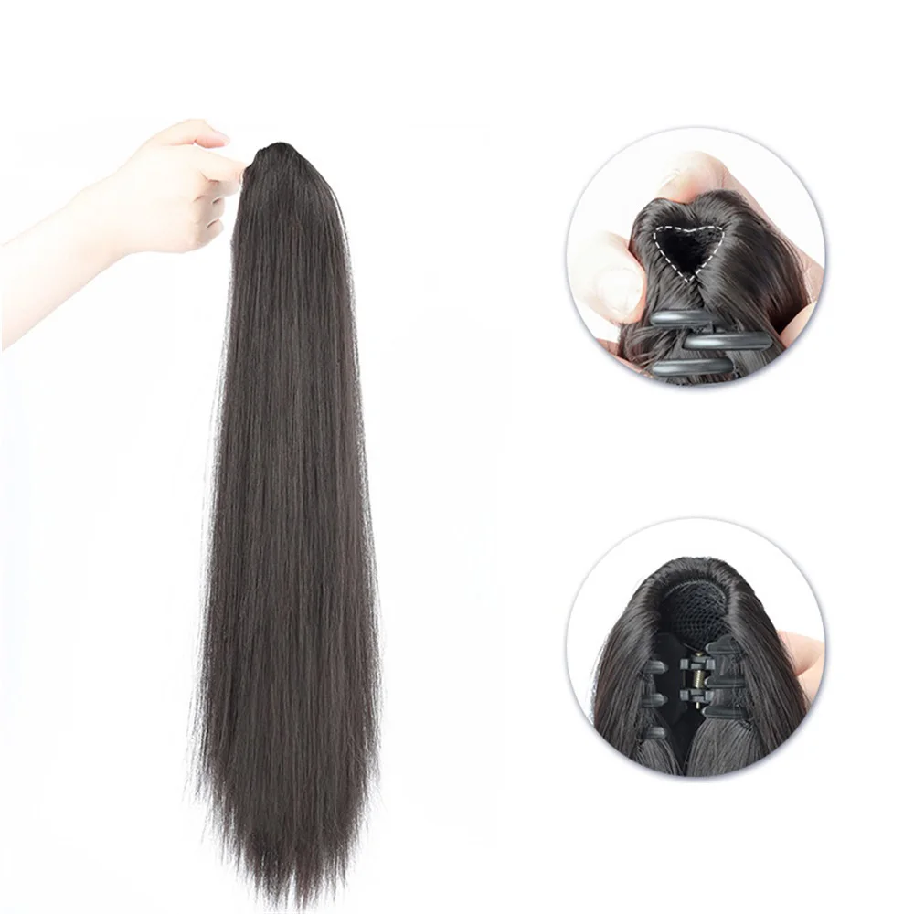 Wig ekstensi rambut ekor kuda 50 CM, sambungan rambut cakar palsu panjang wanita Natural, potongan lurus untuk wanita, Wig kepang dopamin