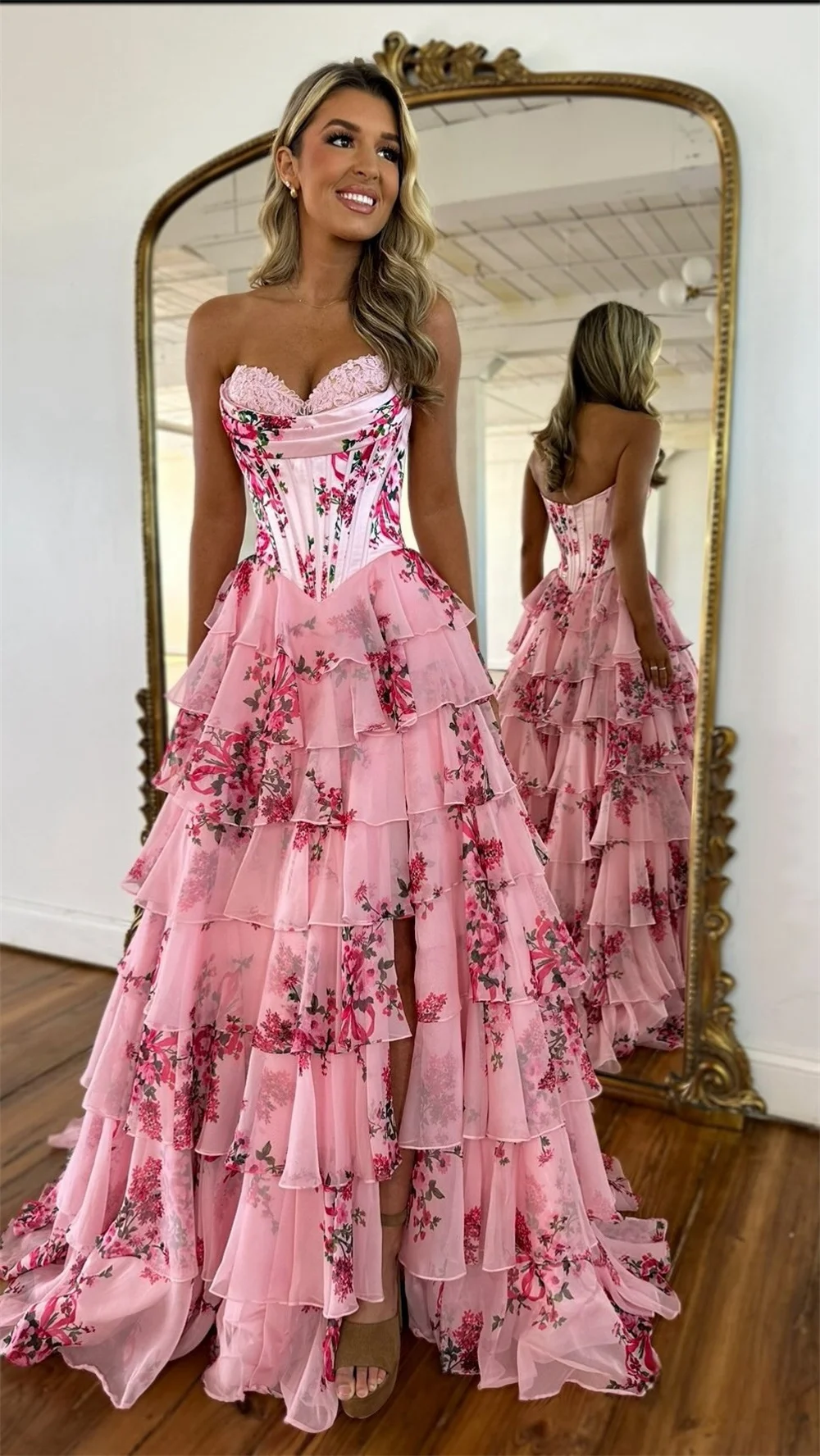 Cathy Pink Floral Print Tiered Ruffles Prom Dress Sweetheart Side Split vestidos de noiva Customized A-line Floor-length Formal image 2