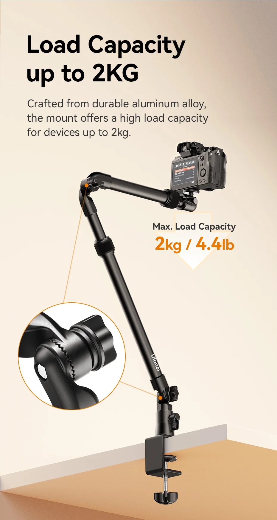 Ulanzi zj02 kamera schreibtisch halterung mit halte arm 4,8 cm c-klemme flexible verstellung verlängern bis 65cm arm für stillleben fotografie – Detail 9
