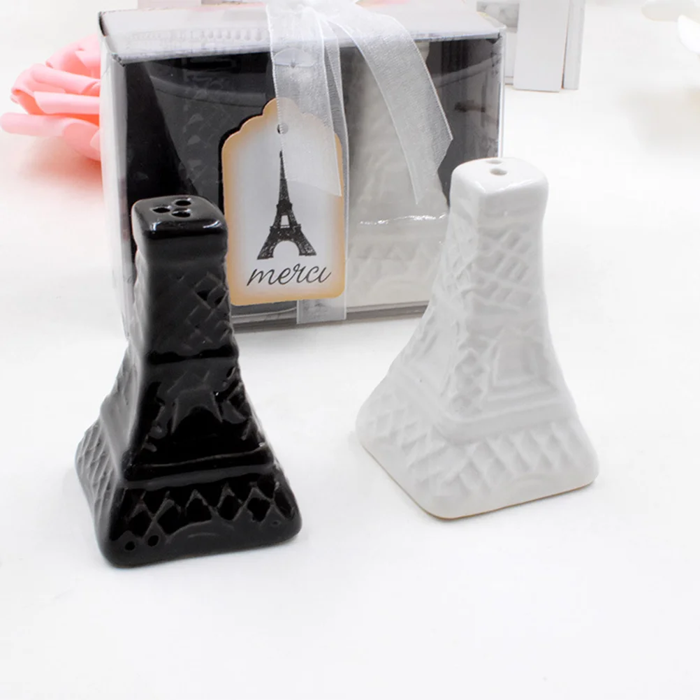 2pcs Vintage Eiffel Tower Salt Pepper Shaker Ceramic Spice Sauces Jar Condiment Bottles Wedding Souvenirs (Black and White)