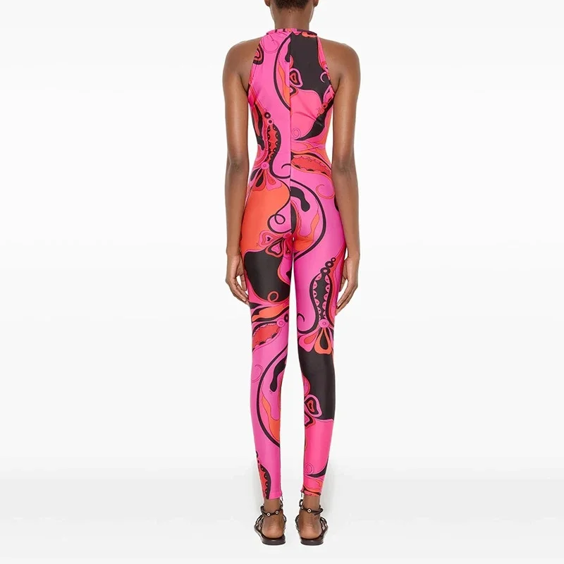 Vintage Print Bodycon Jumpsuits Woman Sexy O-Neck Zipper Sleeveless Skinny Peach Hip Jumpsuit Hottie Party Club Overalls