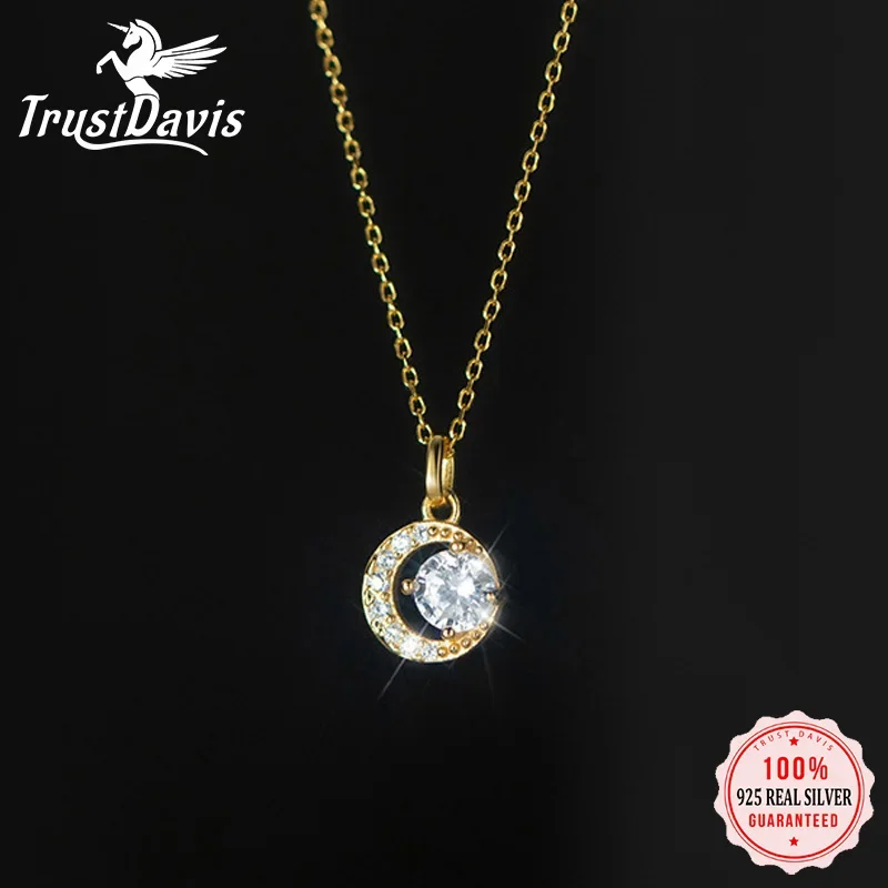 

TrustDavis Genuine 925 Sterling Silver Necklace Moon Shiny CZ Sweet Choker Necklace For Women Birthday Gift Fine Jewelry DA1062