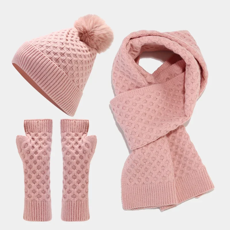 

Winter Outdoor Scarf Hat & Glove Sets Thickened Knitting Set Keep Warm for Women Lady Girls Adult