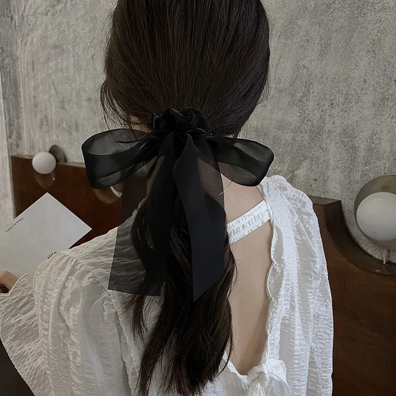 French High Grade Bow Gauze Ribbon Hair Ties Fashion Pure Color Head Rope Female Elastic Hair Scrunchies Wholesale