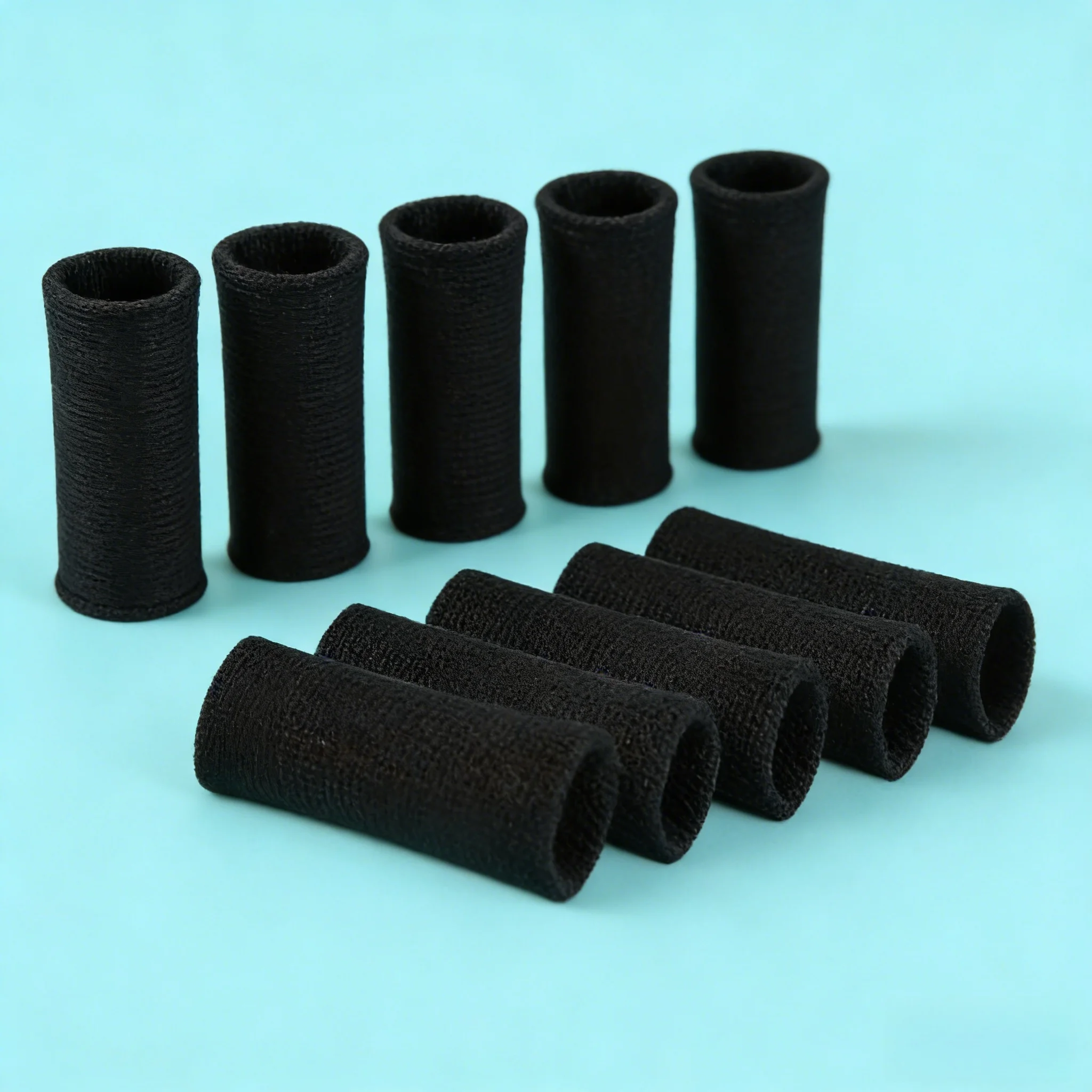 

A 10-piece set of black sports finger sleeves with breathable fabric for flexible hand protection during activities.
