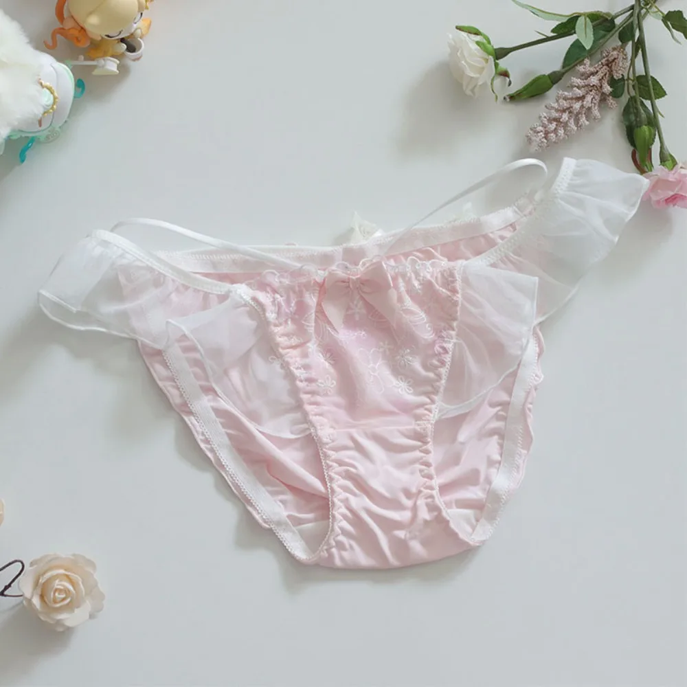 Flower Mesh Transparent Ruffle Briefs Low Waist Underpants Women\'s Lace Mesh Bowknot Panties Lingerie Cotton Crotch Ladies