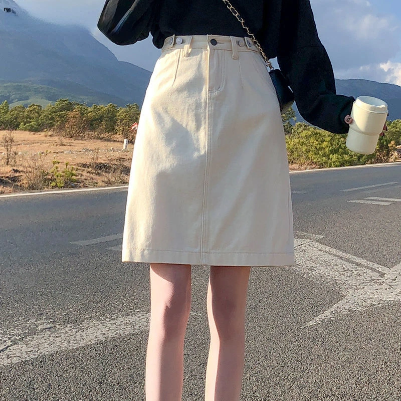 

Women Beige Black A-line Skirt Female Summer High Waist Button Denim Skirts Vintage All-match Casual Skirts Streetwear M72