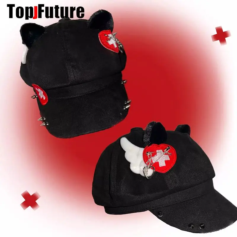 Personalizado Gothic Lolita Beret Hat para Mulheres, Cap Punk das Meninas, Handmake contra Furacão, Gato Chapéus de Sol, Atacado, Personalizado, Y2K, Harajuku