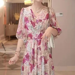 French Women's Retro Fashion Slimming 2024 Summer New Pullover V-neck Patchwork Print Elegant and Casual Fashion Folds Dress