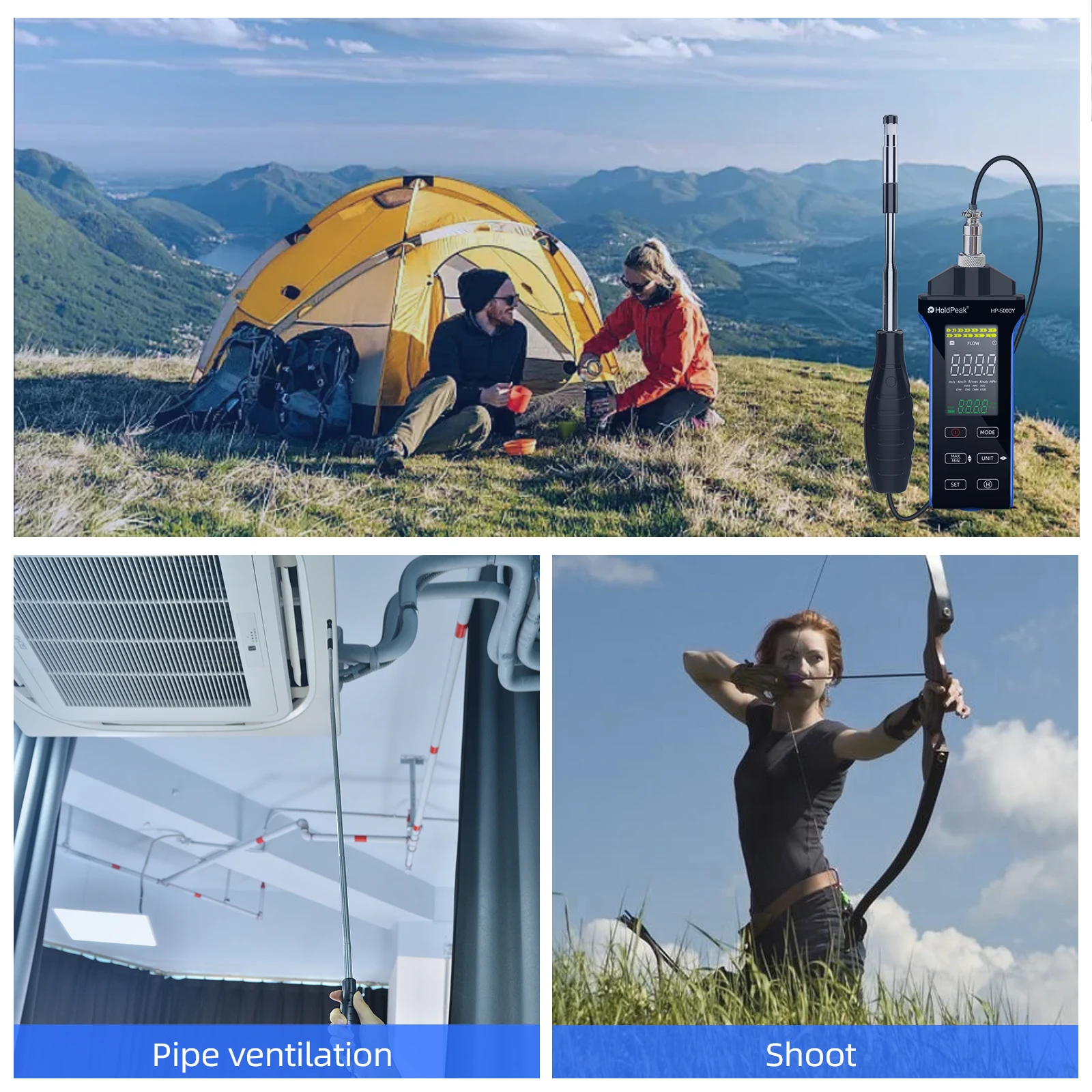 Hot-Wire Anemometer with Retractable Sensor, Wind Speed/Temp/Airflow Meter, 0.1-30m/s,for HVAC /Environmental Testing, 5000Y