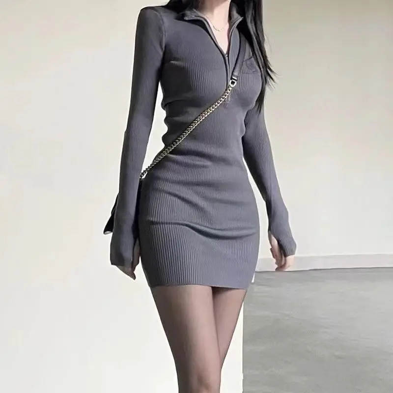 2025 الخريف الشتاء سترة متماسكة فستان بفتحة عنق على شكل v المرأة طويلة الأكمام الورك أنيقة سيدة bodycon مرونة ضيق صغير مثير فساتين ضئيلة