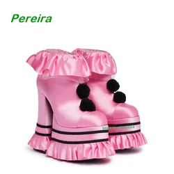 Pink Clown Platform Chunky Heels Boots Round Toe Ruffled Edge Ankle Booties Side Zipper Satin 2023 New Apring\autumn Luxury Shoe