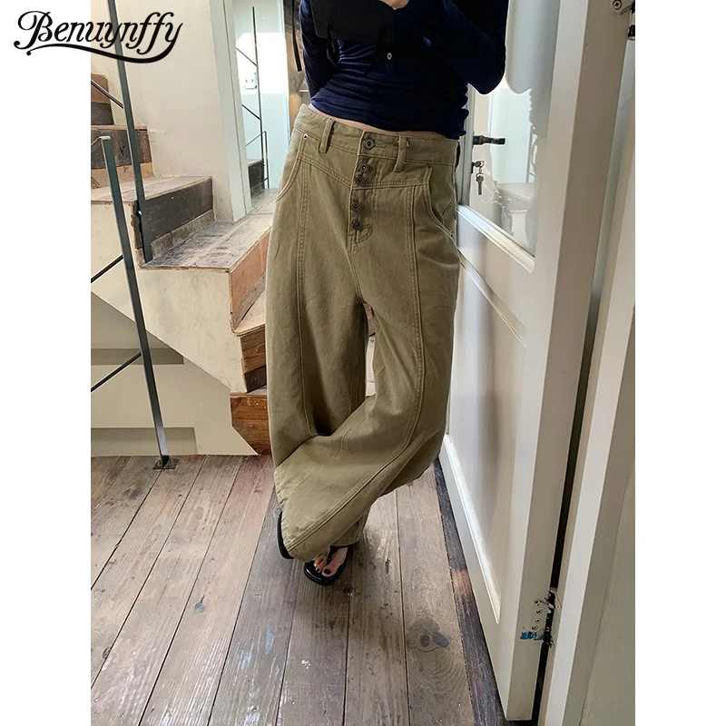 

Benuynffy Fashion Low Waist Button Fly Casual Baggy Jeans Women 2026 Spring New Vintage Streetwear Loose Wide Leg Denim Trousers