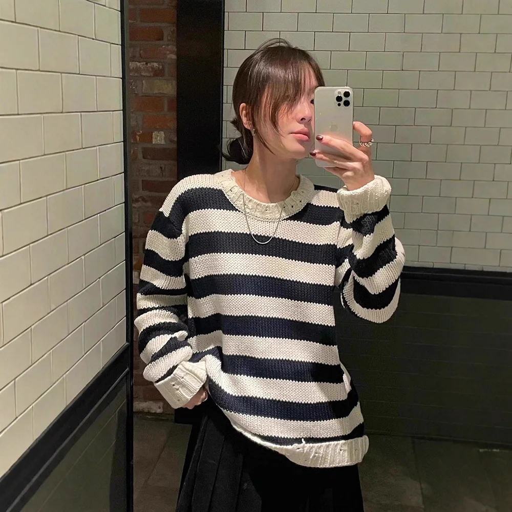 

Cisas Aosphere полосатый вязаный свитер женский свободный тонкий круглый топ с заниженными плечами Fleta корейский Sle Thi нейлон