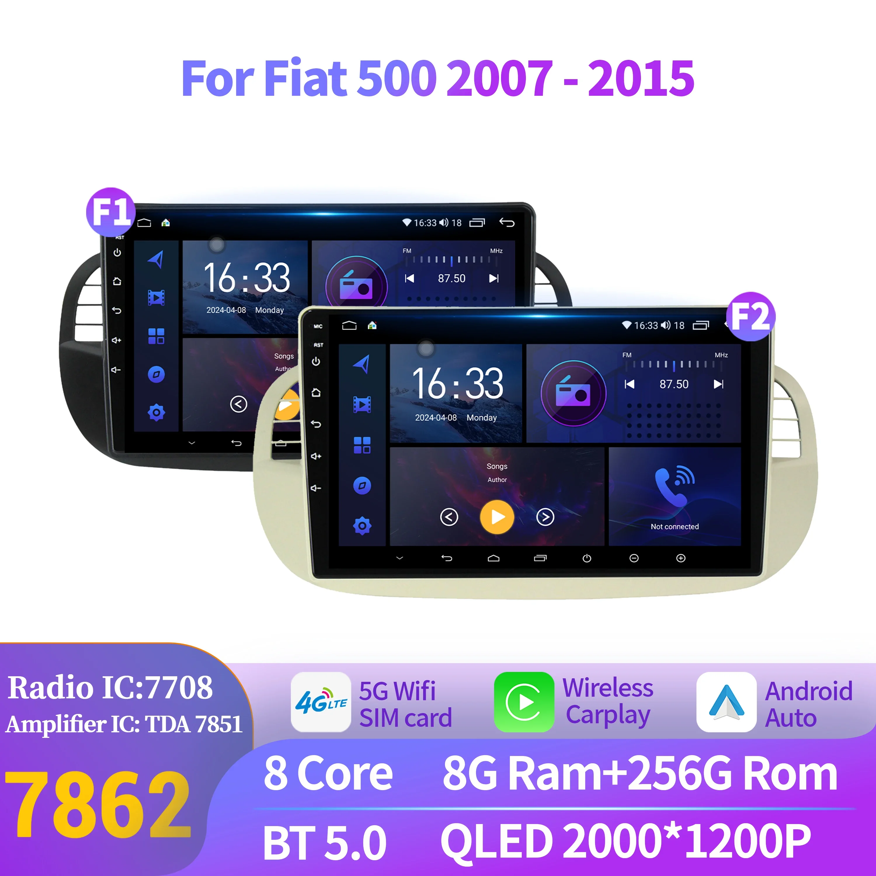 Car Radio For Fiat 500 2007-2015 4G GPS Android 14 Wireless Bluetooth Carplay Multimedia 7862S 8G 256G Head Unit 2K QLED Screen