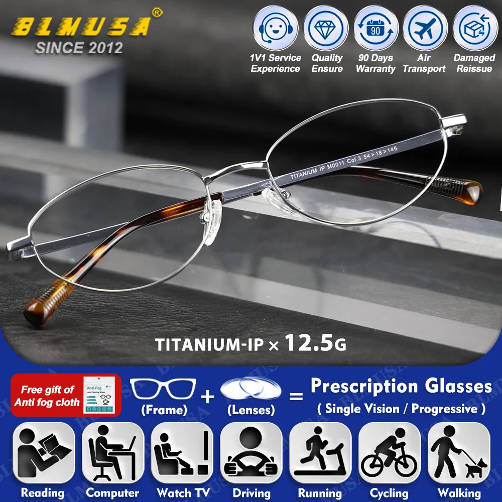 

BLMUSA (L) Vintage Men Ultralight Titanium Myopia Photochromic Prescription Glasses Anti Blue Light Progressive Optical Eyeware