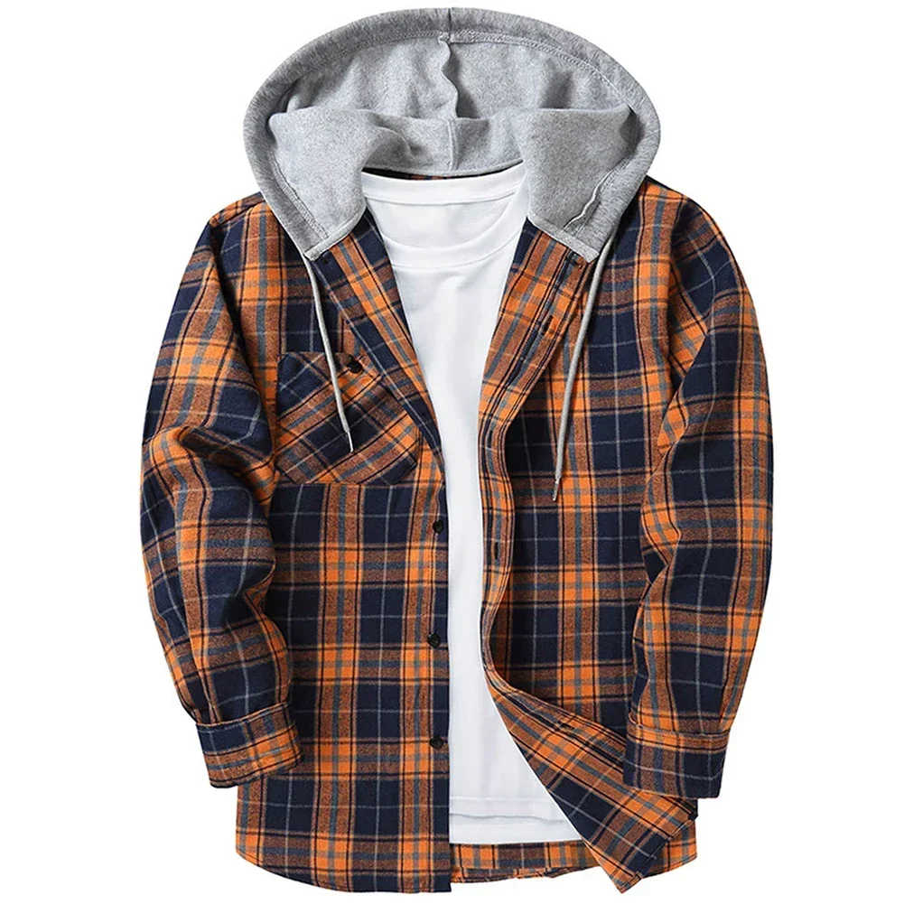 Men Plaid Long Sleeve Hooded Shirts Button Work Drawstring Casual Tops Cardigan Button Down Work Coat Tops Hoodie