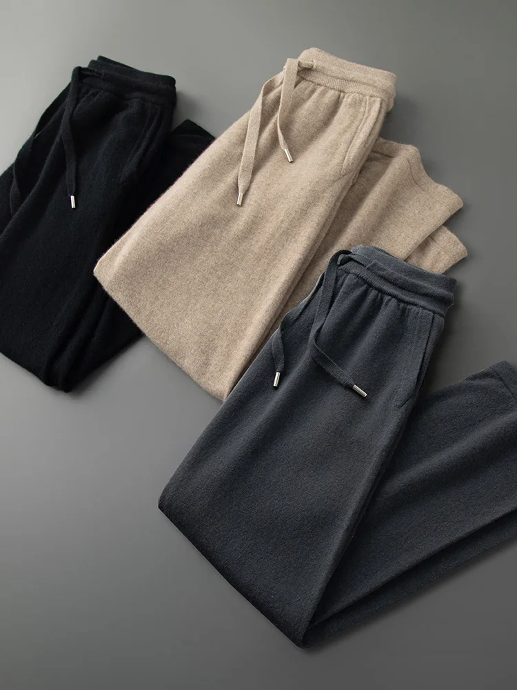 

Men's Straight pants 100% Goat Cashmere Soft Warm Solid High Waist Trousers Autumn Winter Casual Knitwear Pants Korean Popular