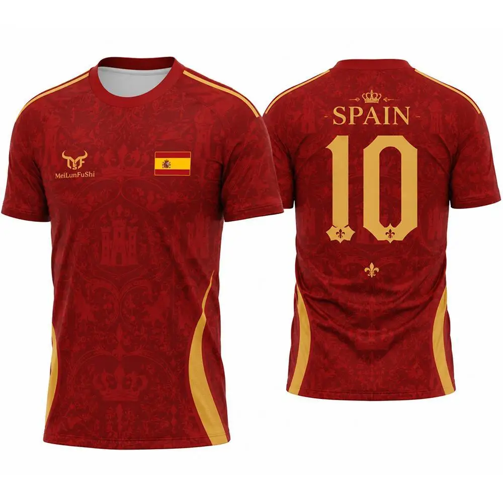 2026 New Spain Flag Print Football Jersey Men's Outdoor Sports Quick-Drying Breathable Short-Sleeve T-Shirt Unisex Casual Top