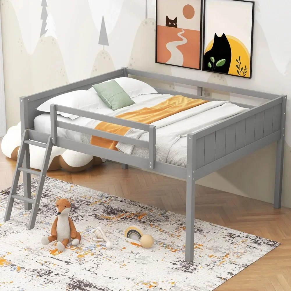 

Solid Wood Loft Bed Frame with Climbing Ladder, Lower Storage Space Loft Beds, No Box Spring Needed, Low Loft Bed Full Size