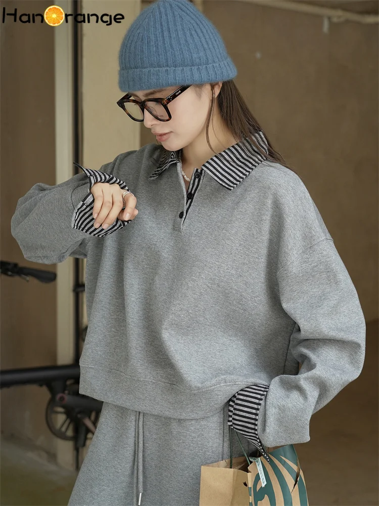 

HanOrange 2025 Autumn Simple Fake Two Piece Interior Splicing Striped Sweatshirt Women Loose Casual Top Gray