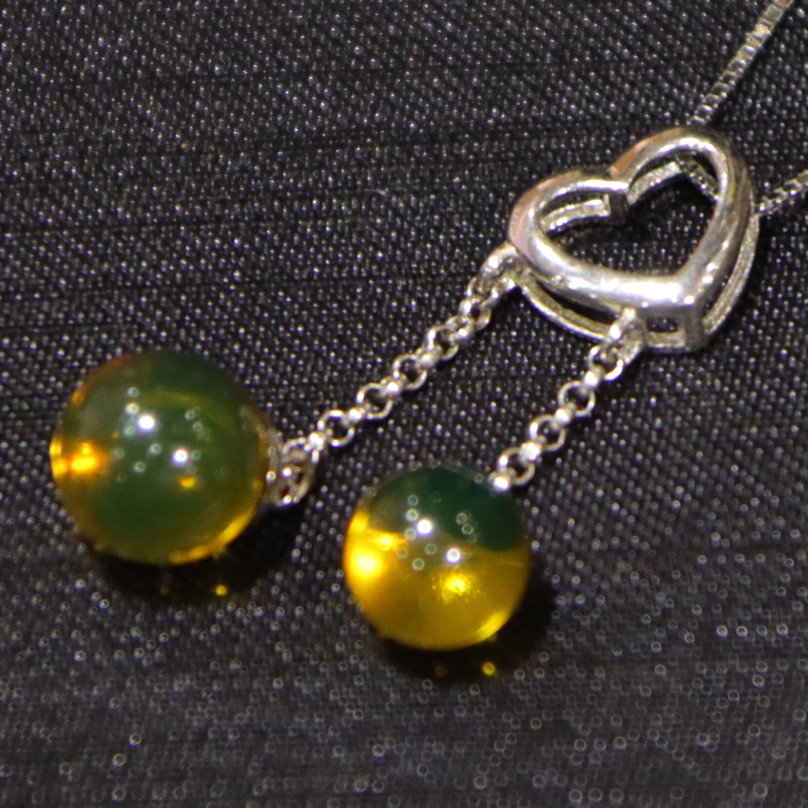 Pure Silver Natural Mexican Blue Amber Heart Pendant with Two Blue Amber Beads 7mm and 9mm